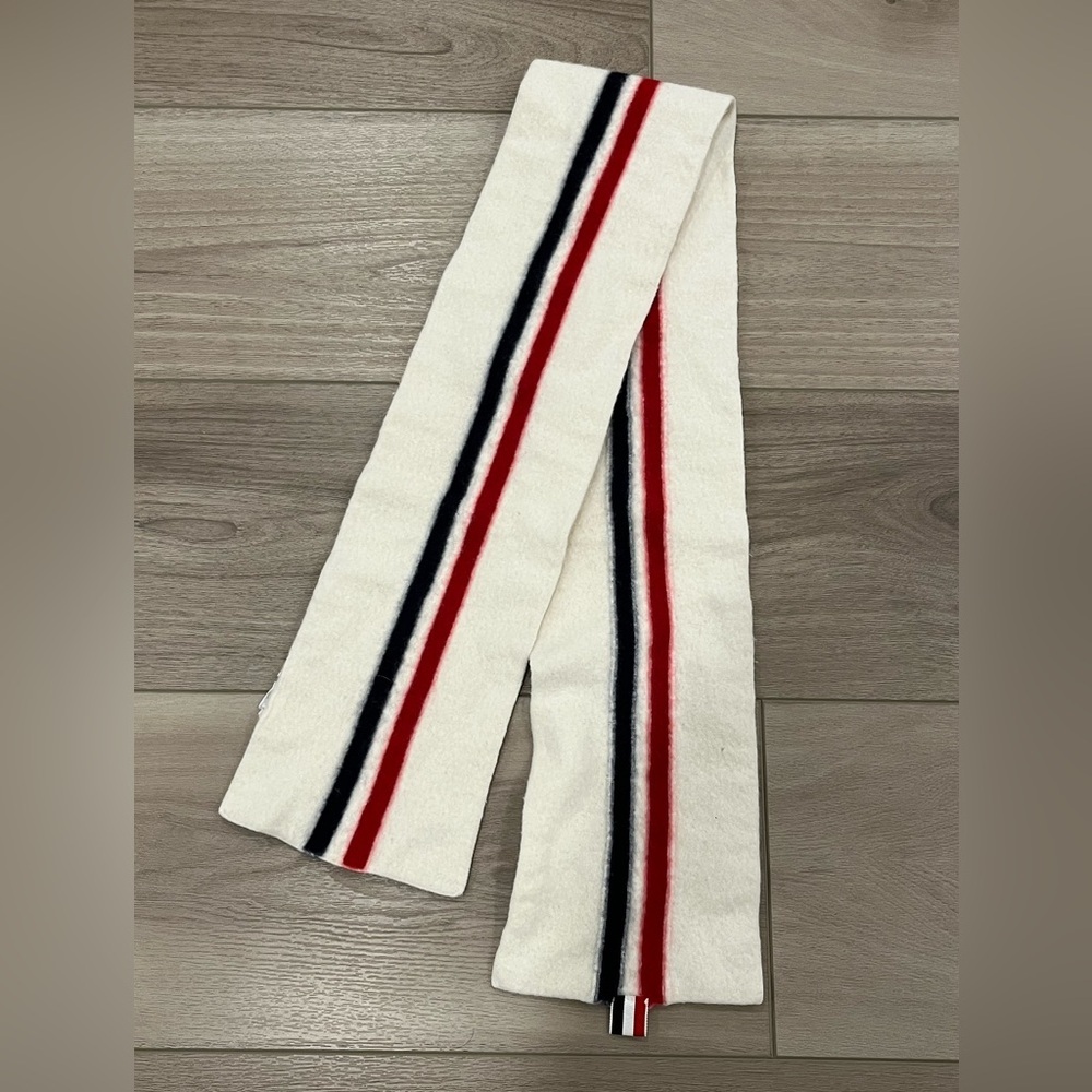 Thom Browne White Jersey Stitch Superfine Merino Wool Intarsia Stripe Scarf READ